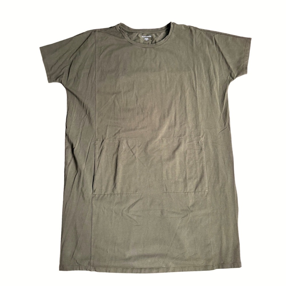 Eileen Fisher Olive Green Short Sleeve Pocket T-Shirt Dress Medium M Lagenlook